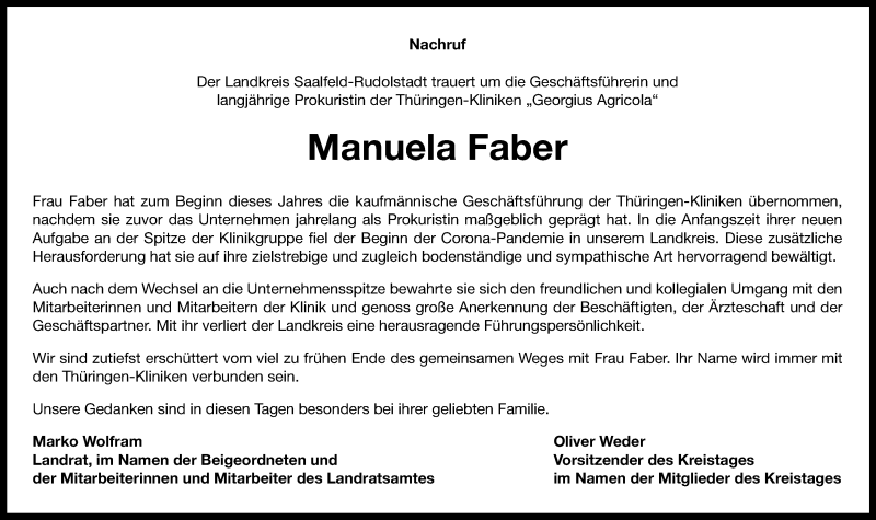  Traueranzeige für Manuela Faber vom 05.10.2020 aus Ostthüringer Zeitung