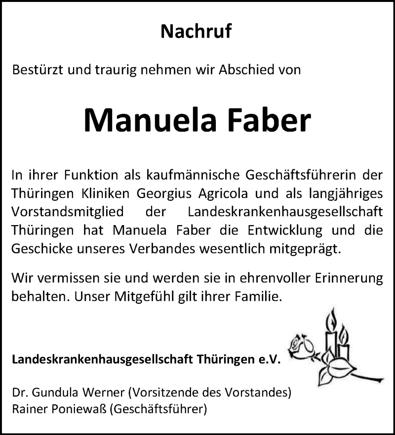  Traueranzeige für Manuela Faber vom 05.10.2020 aus Thüringer Allgemeine, Thüringische Landeszeitung, Ostthüringer Zeitung