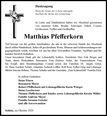 Traueranzeige von Matthias Pfefferkorn von Ostthüringer Zeitung