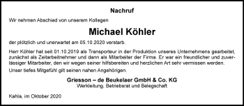 Traueranzeige von Michael Köhler von Ostthüringer Zeitung