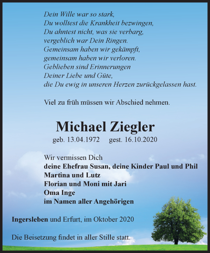  Traueranzeige für Michael Ziegler vom 24.10.2020 aus Thüringer Allgemeine, Thüringische Landeszeitung