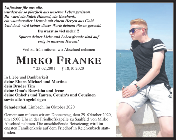 Traueranzeige von Mirko Franke von Ostthüringer Zeitung