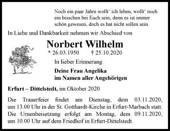 Traueranzeige von Norbert Wilhelm