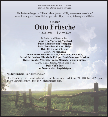 Traueranzeige von Otto Fritsche von Thüringer Allgemeine, Thüringische Landeszeitung