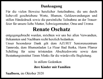 Traueranzeige von Renate Oschatz von Thüringer Allgemeine, Thüringische Landeszeitung