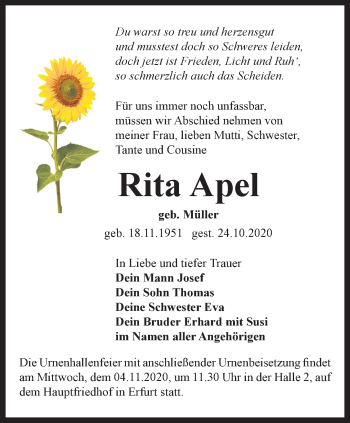 Traueranzeige von Rita Apel