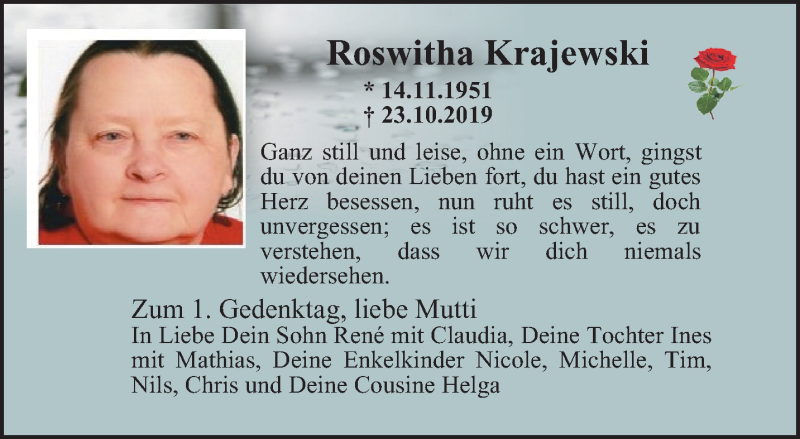  Traueranzeige für Roswitha Krajewski vom 28.10.2020 aus Thüringer Allgemeine