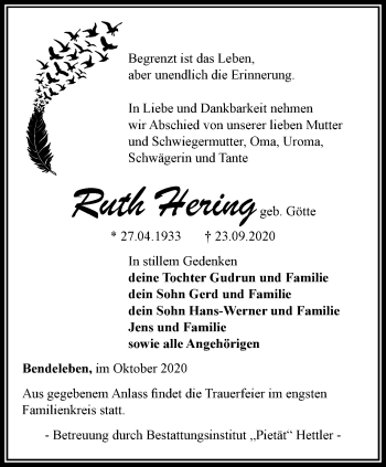 Traueranzeige von Ruth Hering von Thüringer Allgemeine