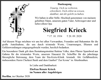 Traueranzeige von Siegfried Krieck von Ostthüringer Zeitung