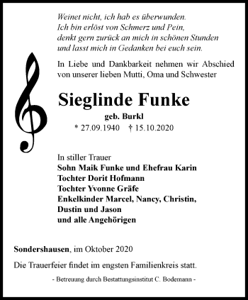 Traueranzeige von Sieglinde Funke