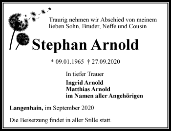 Traueranzeige von Stephan Arnold von Thüringer Allgemeine, Thüringische Landeszeitung