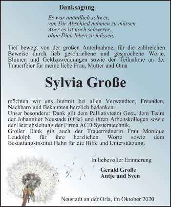 Traueranzeige von Sylvia Große