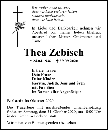 Traueranzeige von Thea Zebisch von Thüringer Allgemeine, Thüringische Landeszeitung