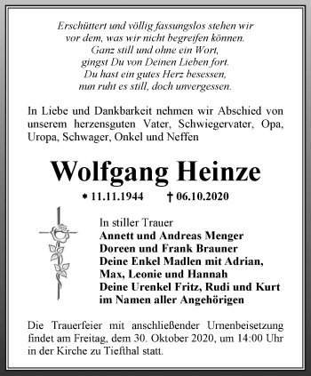 Traueranzeige von Wolfgang Heinze von Thüringer Allgemeine, Thüringische Landeszeitung