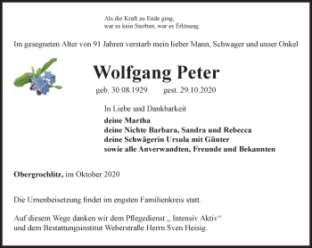 Traueranzeige von Wolfgang Peter