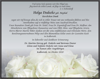 Traueranzeige von Helga Dedecke von Thüringer Allgemeine