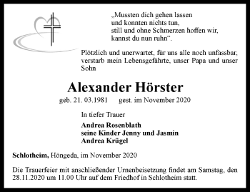 Traueranzeige von Alexander Hörster von Thüringer Allgemeine, Thüringische Landeszeitung