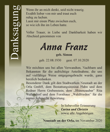 Traueranzeige von Anna Franz