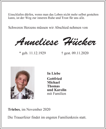 Traueranzeige von Anneliese Hücker von Ostthüringer Zeitung