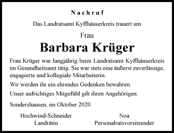 Traueranzeige von Barbara Krüger von Thüringer Allgemeine