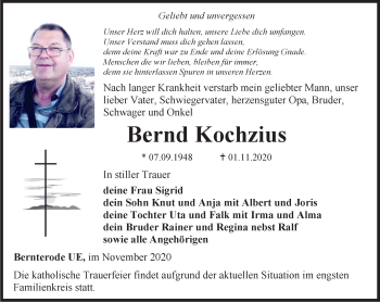 Traueranzeige von Bernd Kochzius von Thüringer Allgemeine