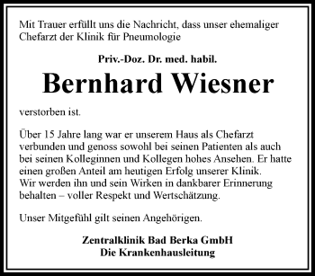 Traueranzeige von Bernhard Wiesner von Thüringer Allgemeine, Thüringische Landeszeitung