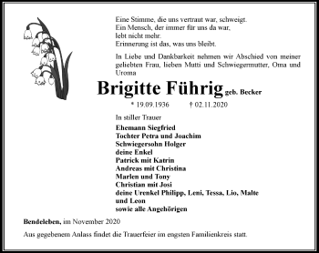 Traueranzeige von Brigitte Führig von Thüringer Allgemeine