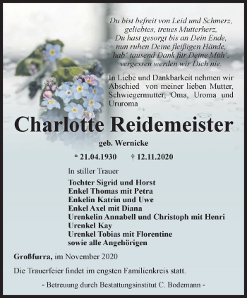 Traueranzeige von Charlotte Reidemeister