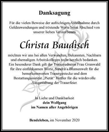 Traueranzeige von Christa Baudisch von Thüringer Allgemeine