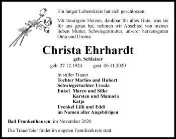 Traueranzeige von Christa Ehrhardt von Thüringer Allgemeine