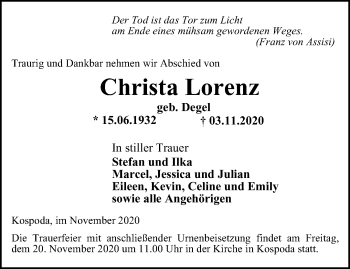 Traueranzeige von Christa Lorenz