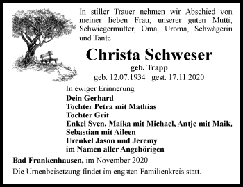 Traueranzeige von Christa Schweser von Thüringer Allgemeine