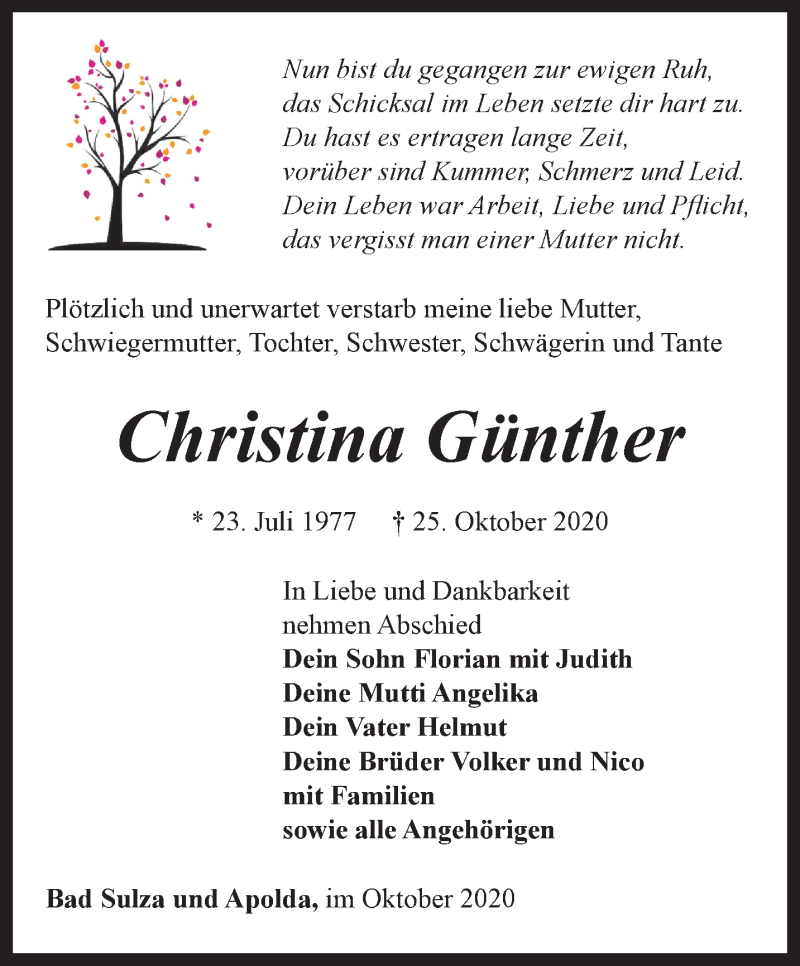  Traueranzeige für Christina Günther vom 05.11.2020 aus Thüringer Allgemeine, Thüringische Landeszeitung