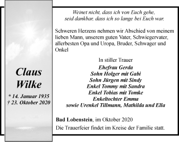 Traueranzeige von Claus Wilke von Ostthüringer Zeitung