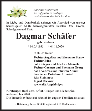 Traueranzeige von Dagmar Schäfer