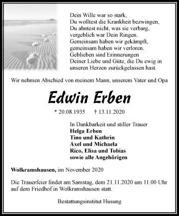 Traueranzeige von Edwin Erben von Thüringer Allgemeine