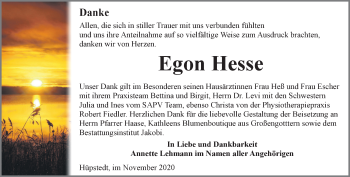Traueranzeige von Egon Hesse von Thüringer Allgemeine, Thüringische Landeszeitung