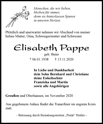Traueranzeige von Elisabeth Pappe von Thüringer Allgemeine