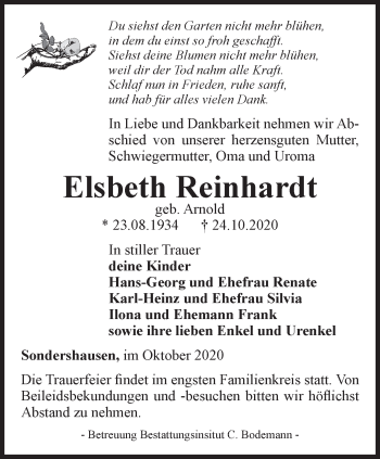 Traueranzeige von Elsbeth Reinhardt