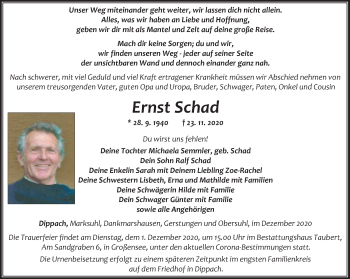 Traueranzeige von Ernst Schad von Thüringer Allgemeine, Thüringische Landeszeitung