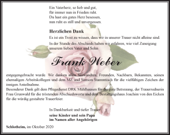 Traueranzeige von Frank Weber von Thüringer Allgemeine, Thüringische Landeszeitung