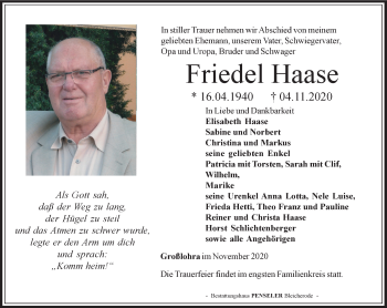 Traueranzeige von Friedel Haase von Thüringer Allgemeine