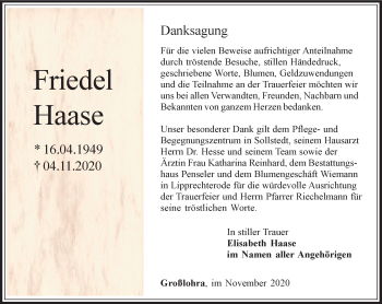 Traueranzeige von Friedel Haase von Thüringer Allgemeine