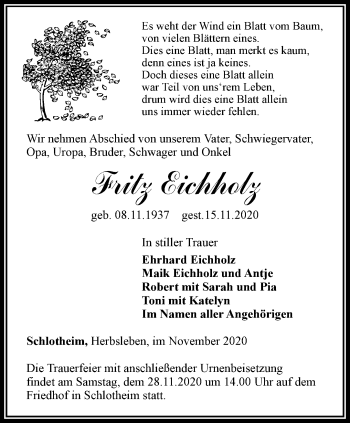 Traueranzeige von Fritz Eichholz von Thüringer Allgemeine, Thüringische Landeszeitung