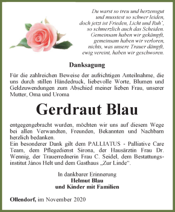 Traueranzeige von Gerdraut Blau von Thüringer Allgemeine, Thüringische Landeszeitung