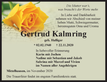 Traueranzeige von Gertrud Kalmring von Thüringer Allgemeine, Thüringische Landeszeitung