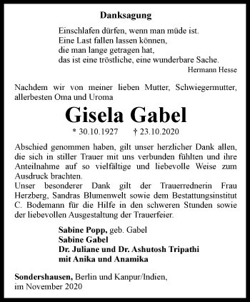 Traueranzeige von Gisela Gabel