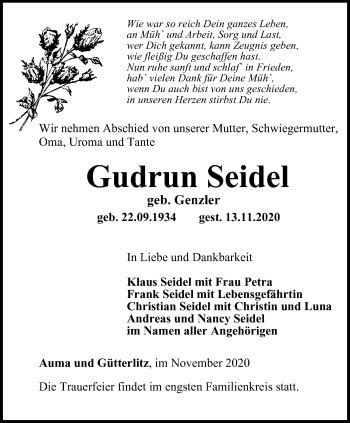 Traueranzeige von Gudrun Seidel