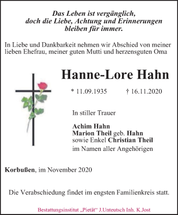 Traueranzeige von Hanne-Lore Hahn von Ostthüringer Zeitung