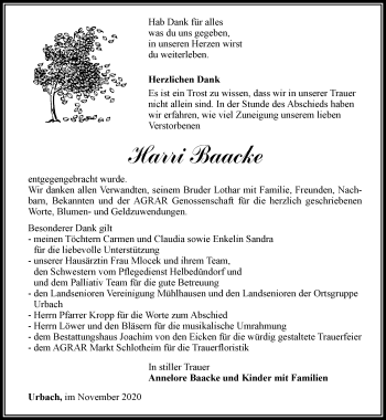 Traueranzeige von Harri Baacke von Thüringer Allgemeine, Thüringische Landeszeitung